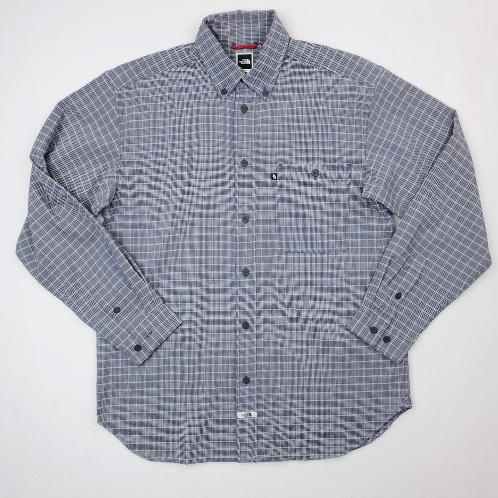 North Face‎ Shirt Mens Medium Gray Blue Plaid Button Down Stretch Outdoor Pocket